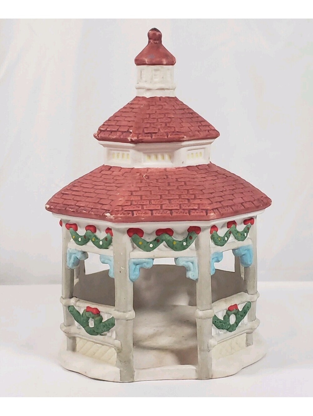 Christmas Village Gazebo Ceramic Red Roof Wreath Garland Holiday Display Decor